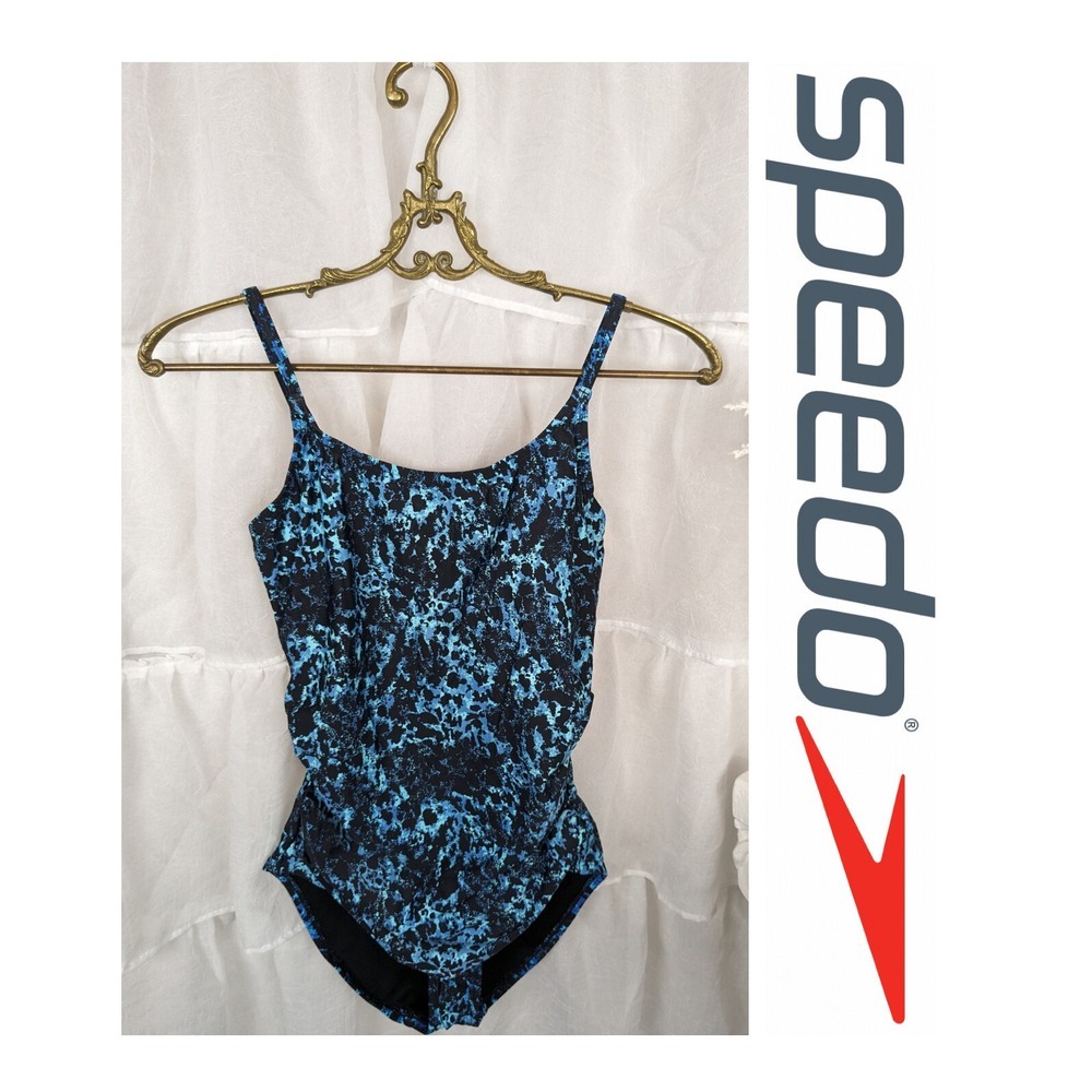 Speedo Womens Blue Black Abstract One Piece Swimsuit Size 6